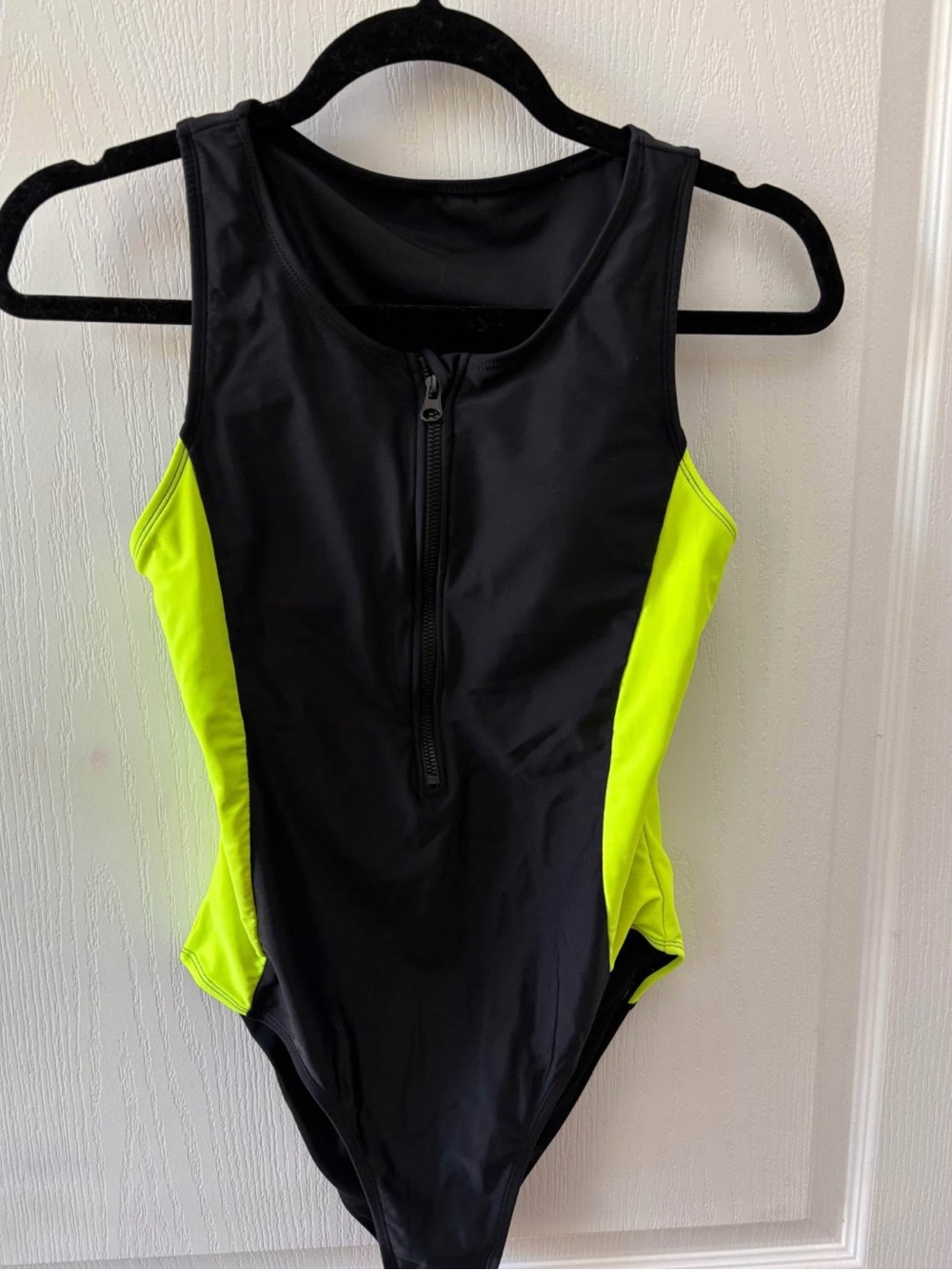 Black & Neon Yellow Zip-Front One-Piece Swimsuit